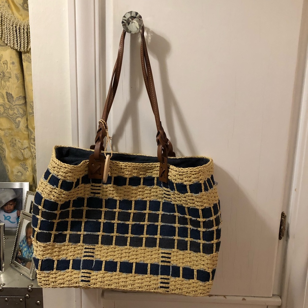 Woven denim and straw shoulder bag